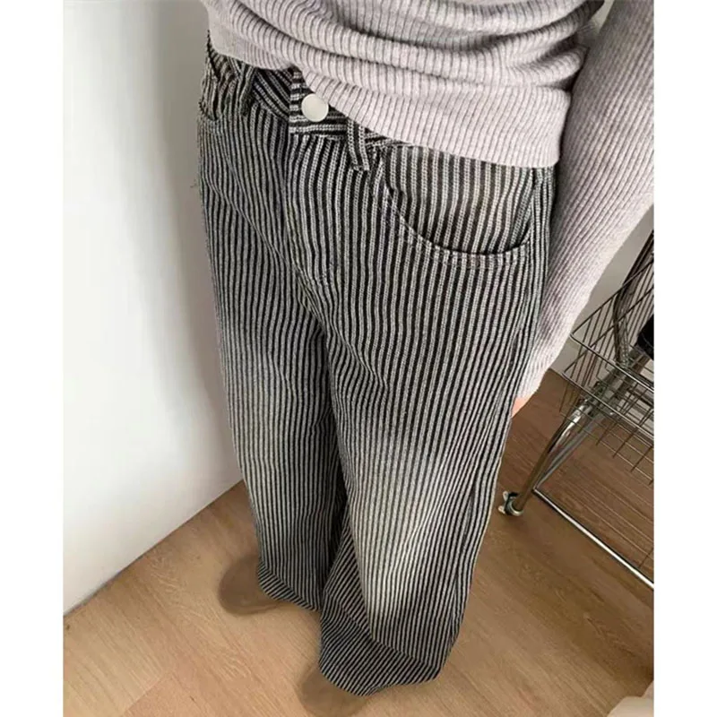 Spring Ladies Stripe Cowboy Trousers American Women Casual Wide Leg Jeans Autumn Female High Waist Straight Leg Denim Pantalons