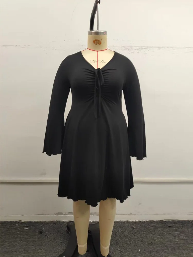 GIBSIE Plus Size Black V-Neck Knot Front A-line Mini Dress Women 2025  Autumn Full Bell Sleeve Elegant OL Female Short Dresses - AliExpress  200000345