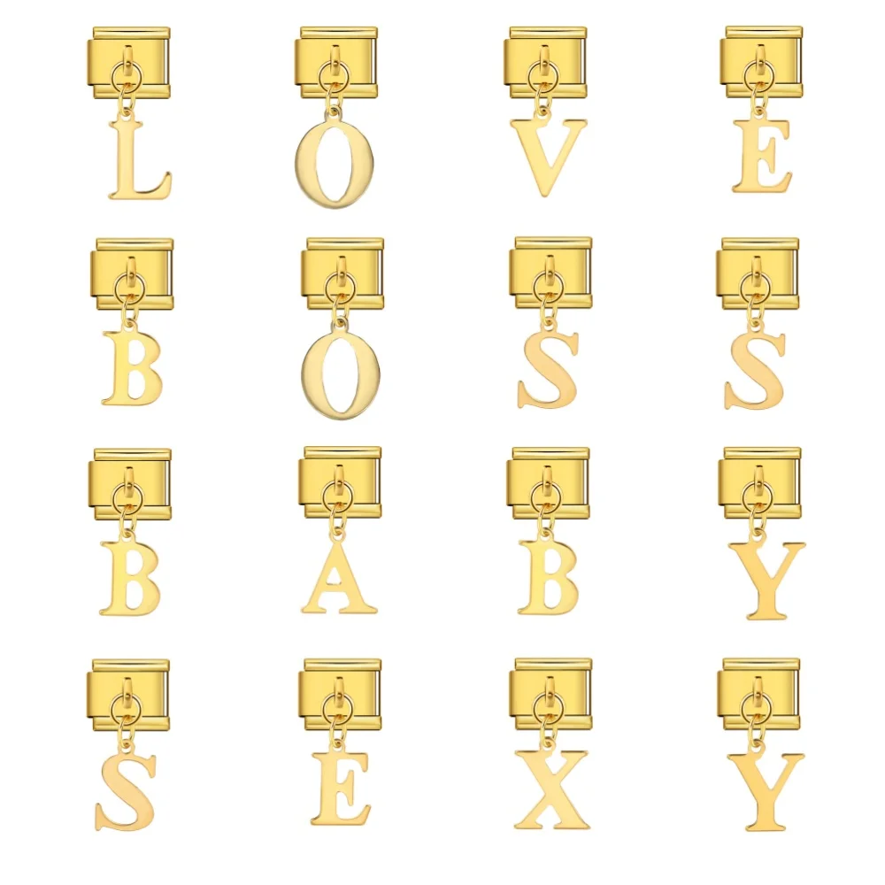 Fashion Y2k Gold Color English Letter 26 A-Z Pendant Italian Charm Link Fit 9mm Stainless Steel Bracelet Jewelry Making DIY Bead
