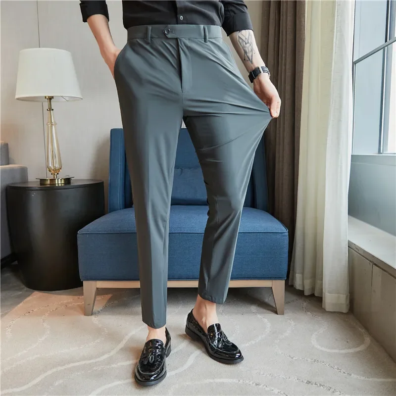 High Elastic Men Pants Summer Thin Fashion Casual Suit Pants Men\'s Business Formal Straight Sleeve Trousers Mens Plus Size 28-38