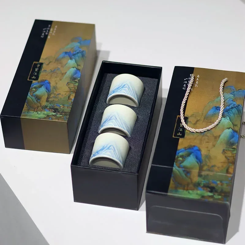 

‌Ceremonial Trilogy Souvenir Tea Set Glazed Black Clay Gongfu Tea Gift Set 3 Hand Painted Ceramic Tasting Cups