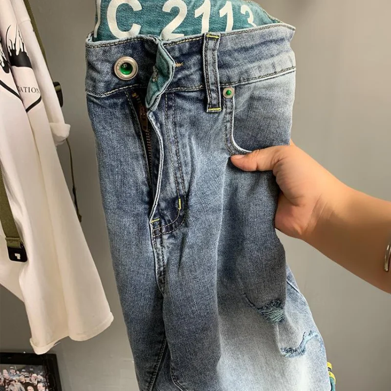 Half Male Denim Shorts with Text Ripped Multi Color Knee Length Men\'s Short Jeans Pants Graphic Long New In Summer Thin Vintage