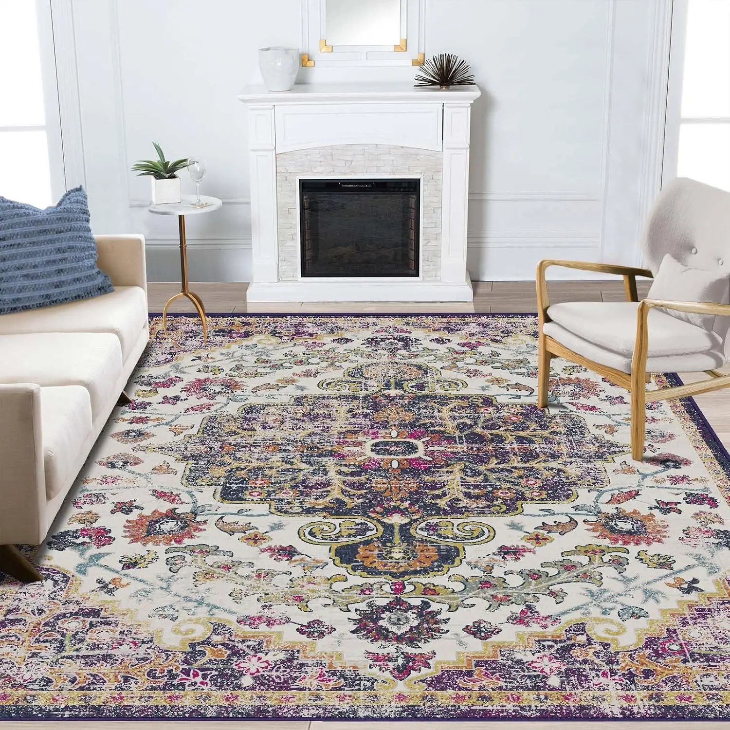 8x10 Extra Large Purple Vintage Area Rug Washable Non Slip Stain Resistant Soft Carpet for Under Dining Table Home Decor