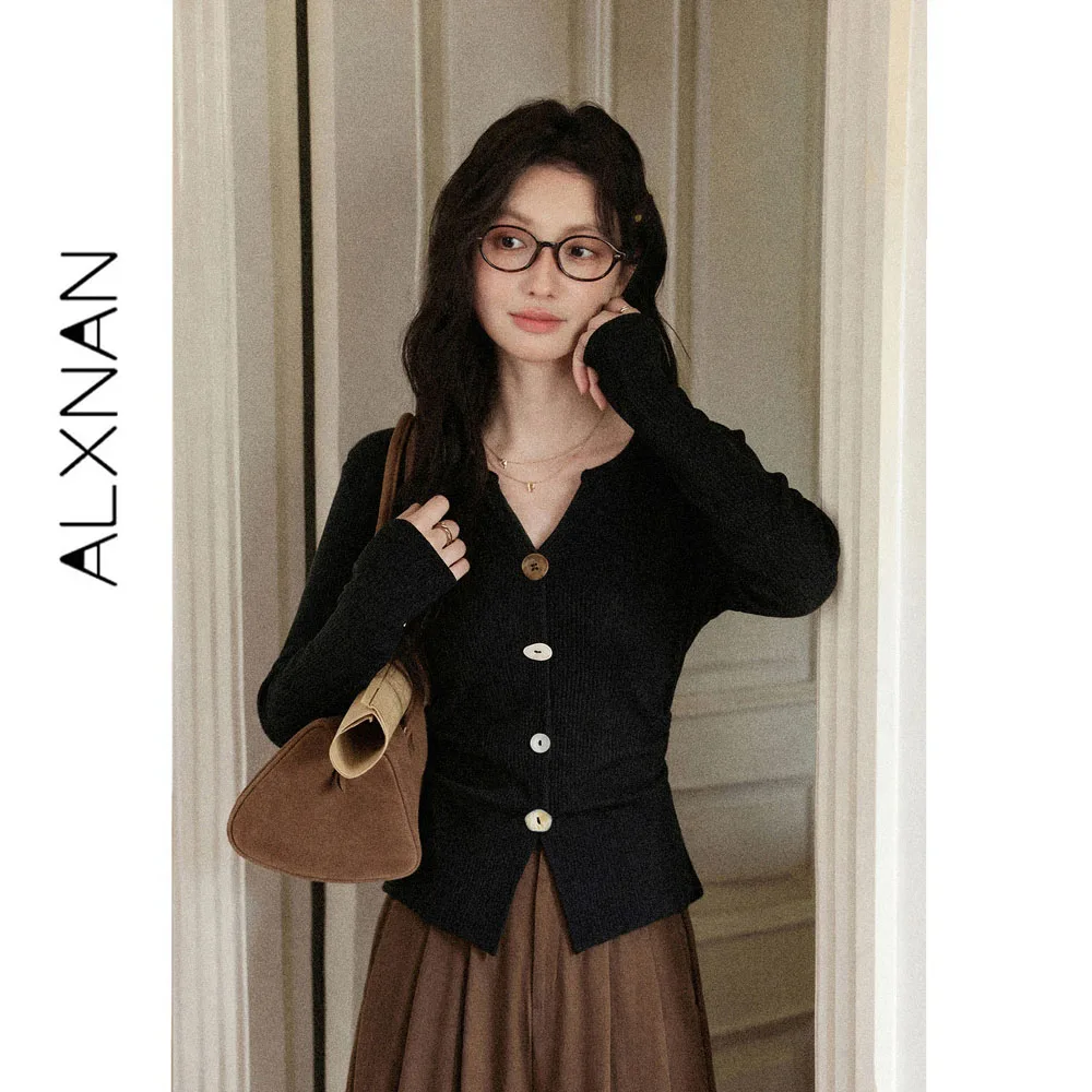 ALXNAN Black T-shirt Women Autumn V-neck Waist-tied Long Sleeve Vintage Pullover 2026 Casual Slim-fit Female Top L67692A