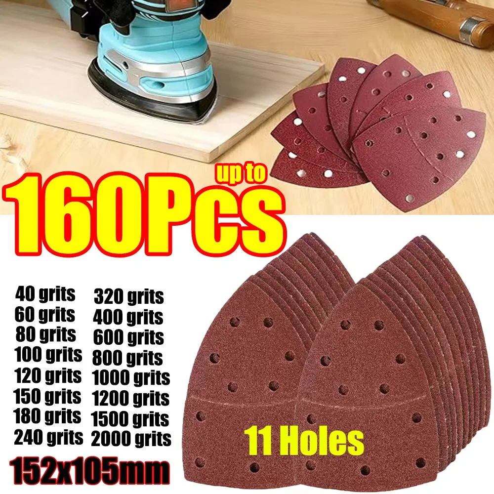 1-160Pcs Mouse Sander Sandpaper 11Holes Palm Sander Sandpaper 40-2000 Grits Triangule Sandpaper for Polishing Woodwoking Drywall