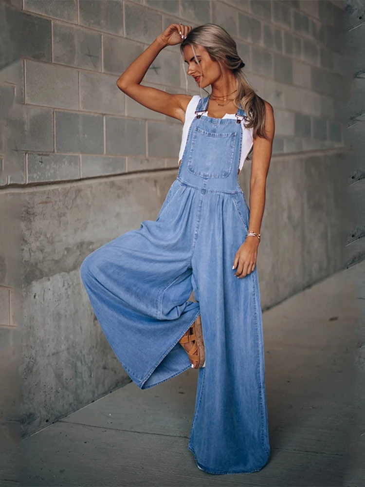 Summer Overalls For Women Blue Denim One-Piece Jumpsuits Loose Wide-Leg With Pocket High-Waist Jumpsuits