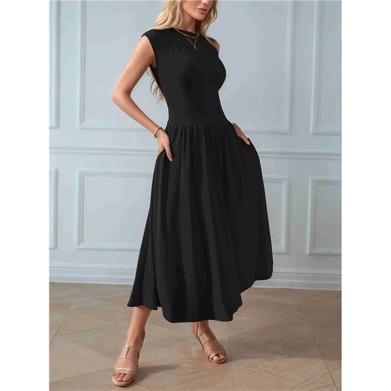 

Женское платье макси без рукавов лето 202, повседневное тонкое плиссированное вечернее платье на одно плечо с карманами