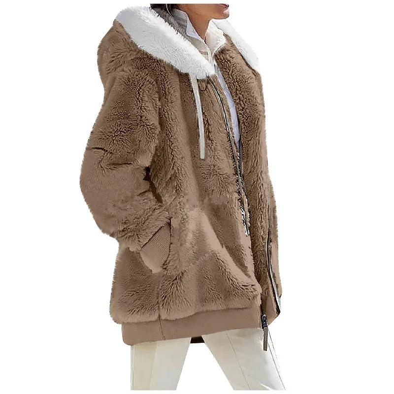 Abrigo de lana con capucha para mujer, abrigo informal de piel sintética con cremallera, oso de peluche, chaqueta gruesa cálida de gran tamaño, Top de manga larga, Invierno