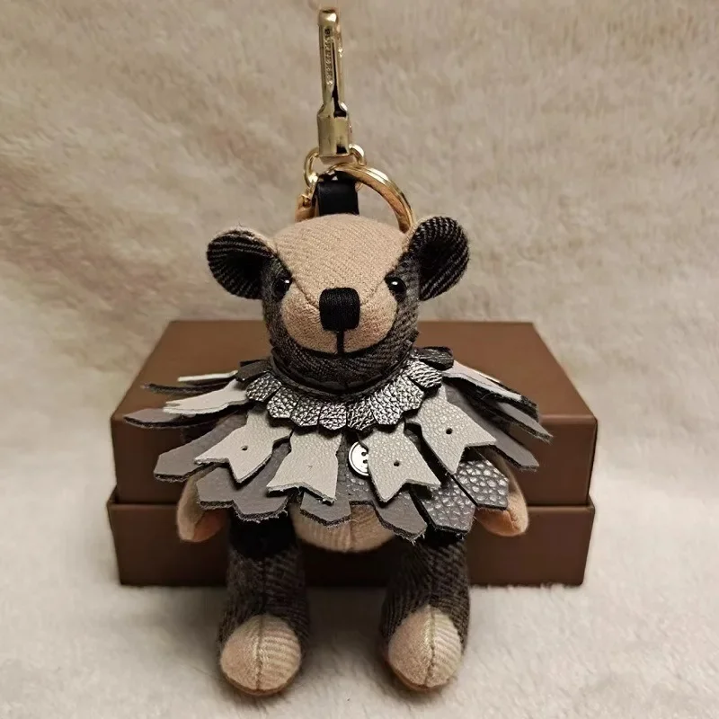 Cute Rainbow Bear Charm Cashmere Handmade Plush Doll Leather Skirt Genuine Leather Car Keychain Bags Cartoon Gifts New
