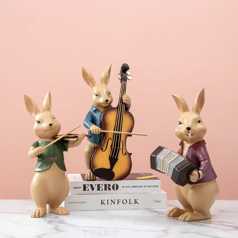 American Musical Bunnies Resin Adornments Display Cabinet Desktop Figurines Decoration Home Bedroom Sculpture Crafts