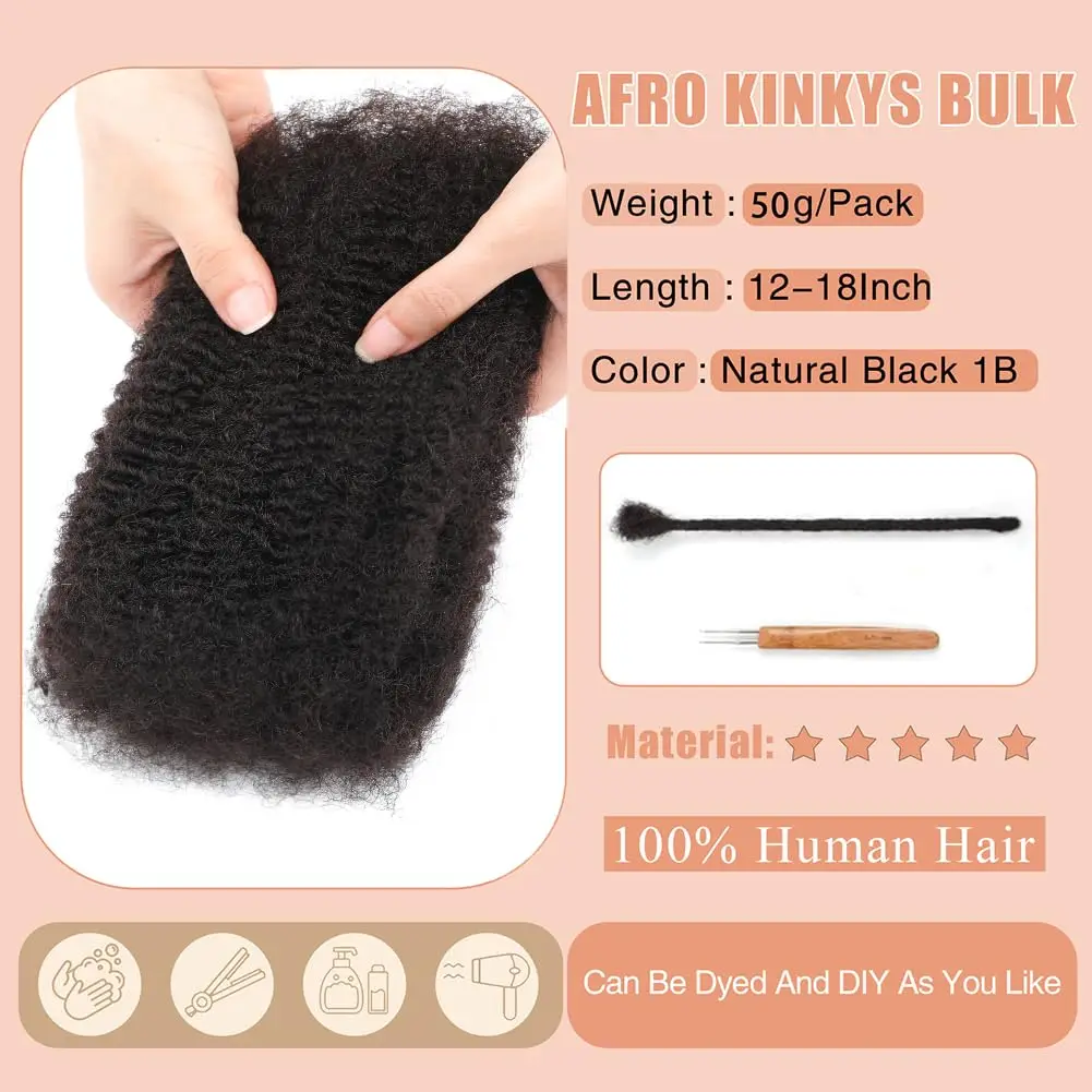 Afro Kinkys Bulk 100% Human Hair For Twist Dreadlock Extensions Afro Kinky Curly Human Braiding Hair For Repair Crochet Dreads Loc Twist Braids