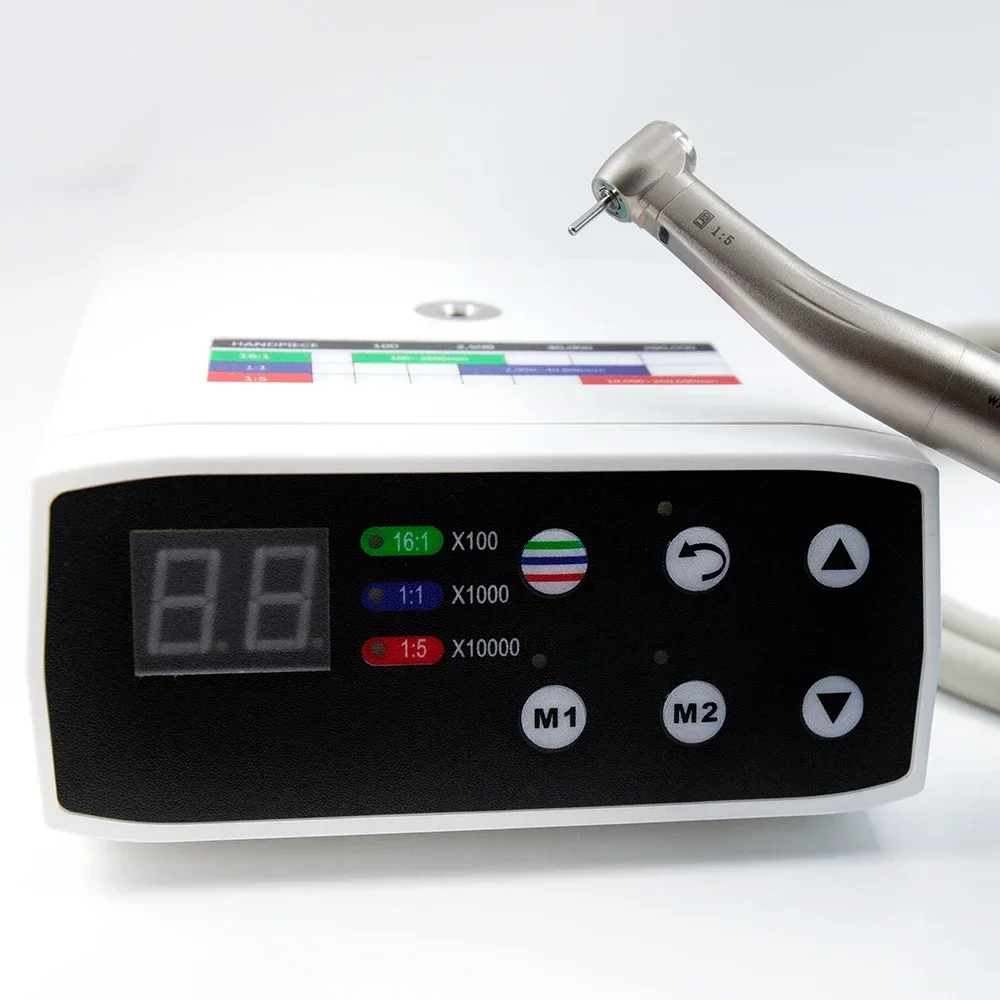 Dental Brushless Electric LED Motor Contra Angle: Low-Speed LED Handpiece, 1:1&1:5 Increasing, Push Button, 4-Way Ceramic Spray