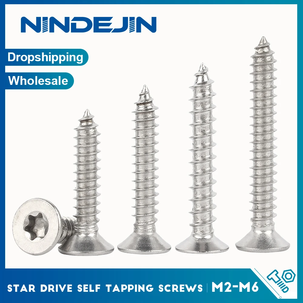 NINDEJIN Six Lobe Torx Flat Countersunk Head Self Tapping Screw M2 M2.3 M2.6 M3M3.5 M4 M5 M6 304 SS Star Flat Head Tapping Screw