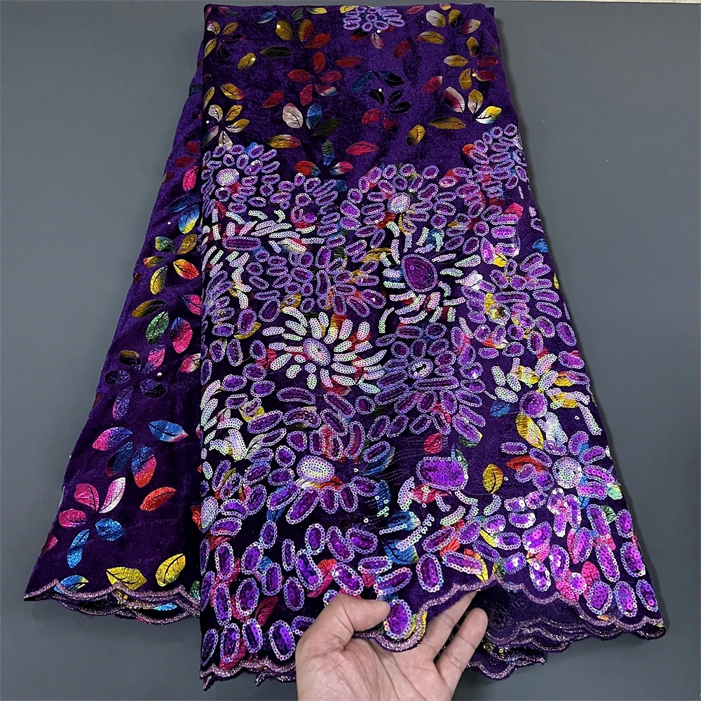 African Nigerian velvet lace fabric, Sequins BeadsGuipure，For Sewing Wedding Party Dress，High Quality，5yards，2024