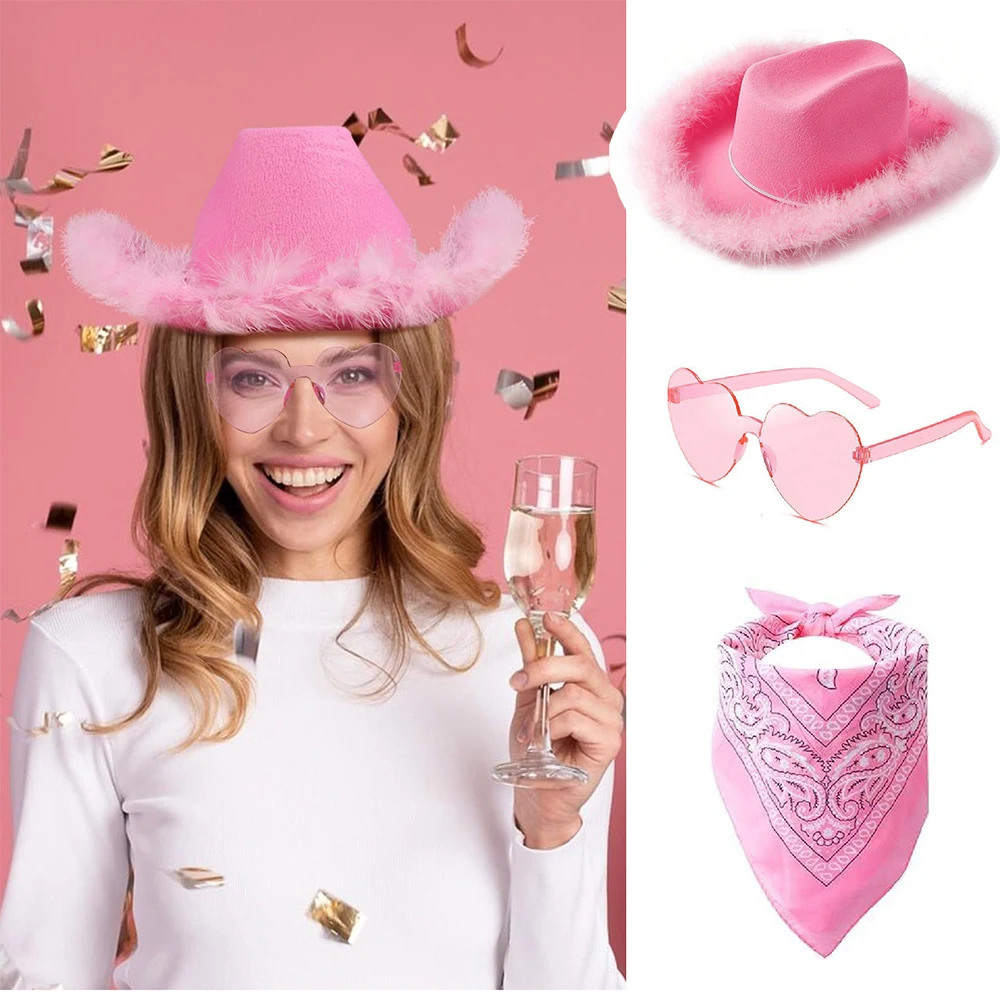 Sombrero de vaquero occidental, gafas de sol rosas, bufanda, toalla, tira de pelo de plumas, fiesta, boda, festivo, Carnaval, COSPLAY, conjunto de accesorios de vestir