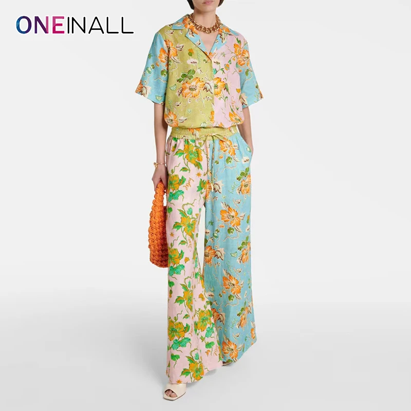 ONEINALL Floral Printing Two Piece Set For Women Lapel Short Sleeve Sigle Breasted Top High Waist Wide Leg Pants Sets Female New