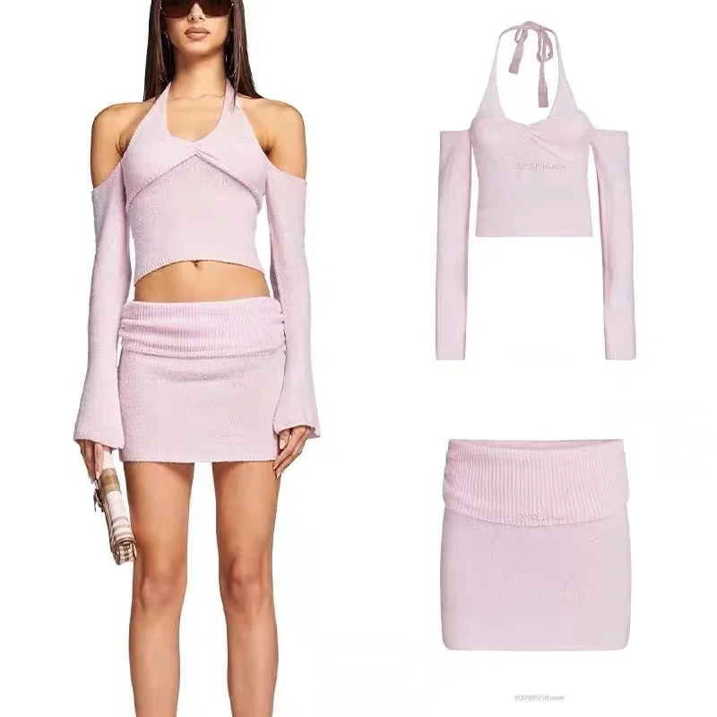 

I.AM.GIA сексуальный светло-розовый нежный сексуальный вязаный топ с колючками и юбкой для девочек, женский модный летний наряд