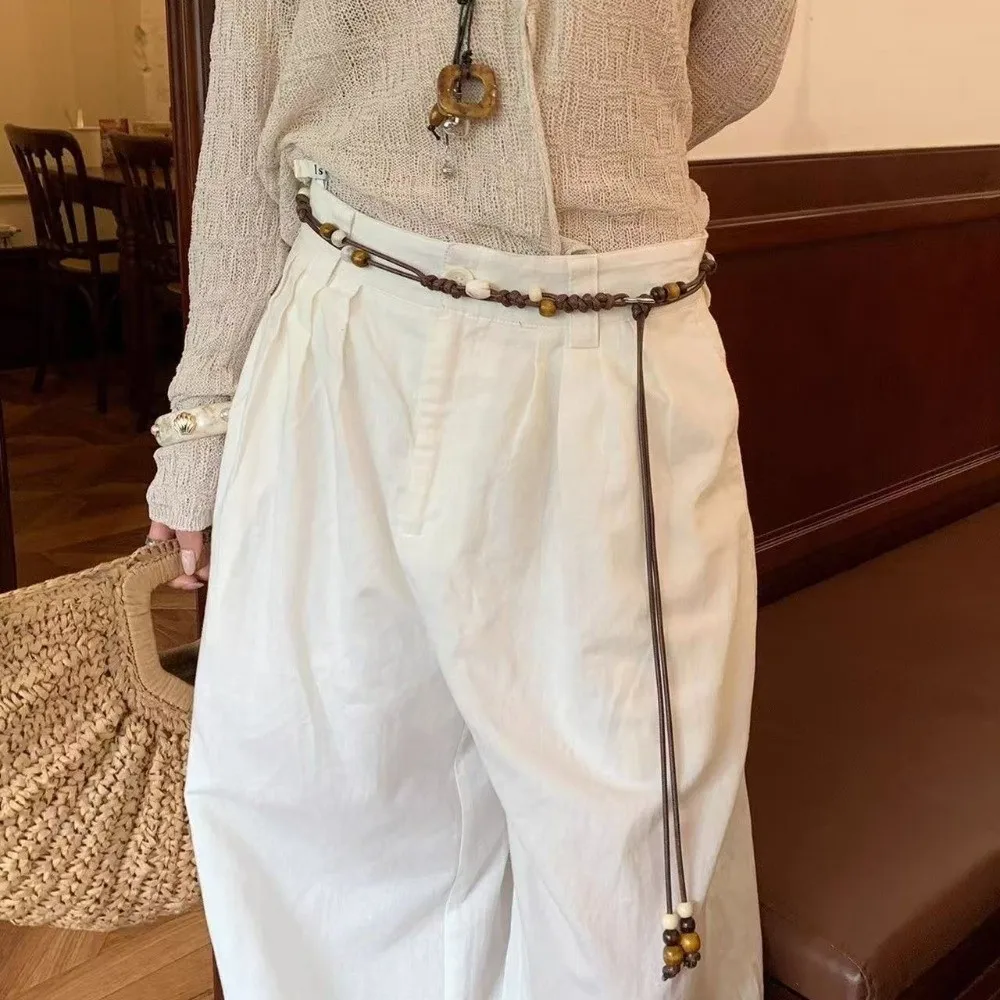 Ethnic Hand-Woven Waist Chain Wooden Bead High-End Decorative Waist Belt Adjustable Slenderizing Waist Rope for Dress and Jeans