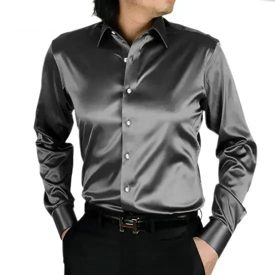 Mens Solid Silk Casual Shirts Long Sleeve Rayon Wedding Dress Shirts Men Soft Comfortable Fashion Shine Silk Shirt Camisa TS-143