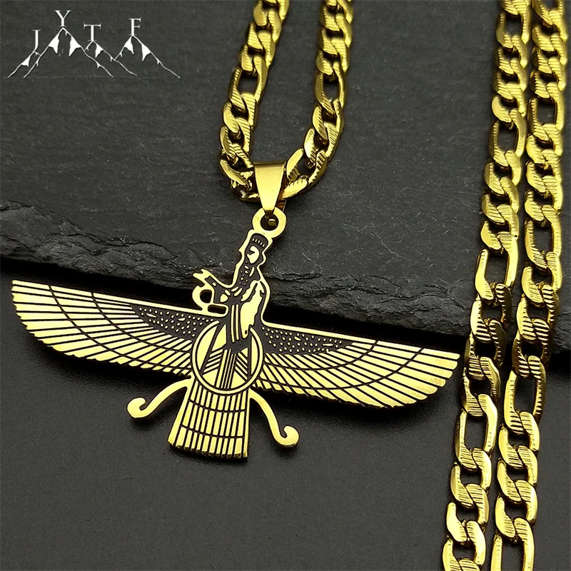 Faravahar Iranian Persian Mazda Pendant Necklace for Men Women Stainless Steel Gold Color Zoroastrianism Protection Jewelry Gift