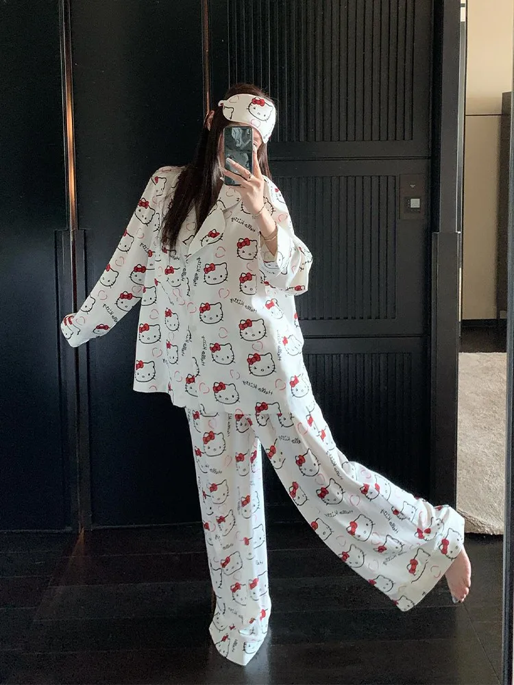 Kawaii Sanrio Hallo Kitty Frauen Nachthemd Sommer Nette 2Pcs Pyjamas Anzug Anime Eis Seide Homewear Set Cartoon Mädchen Hause kleidung