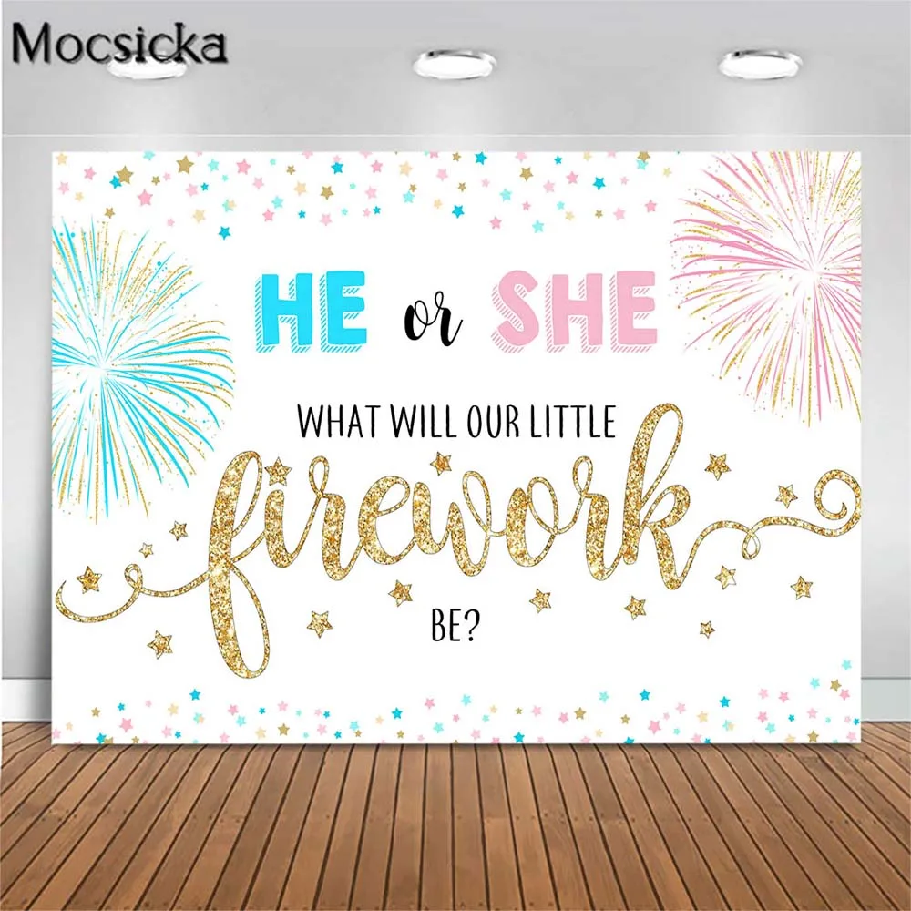 

Mocsicka Blue or Pink Firework Gender Reveal Backdrop He or She Baby Shower Photography Background Party Decoration Props Banner