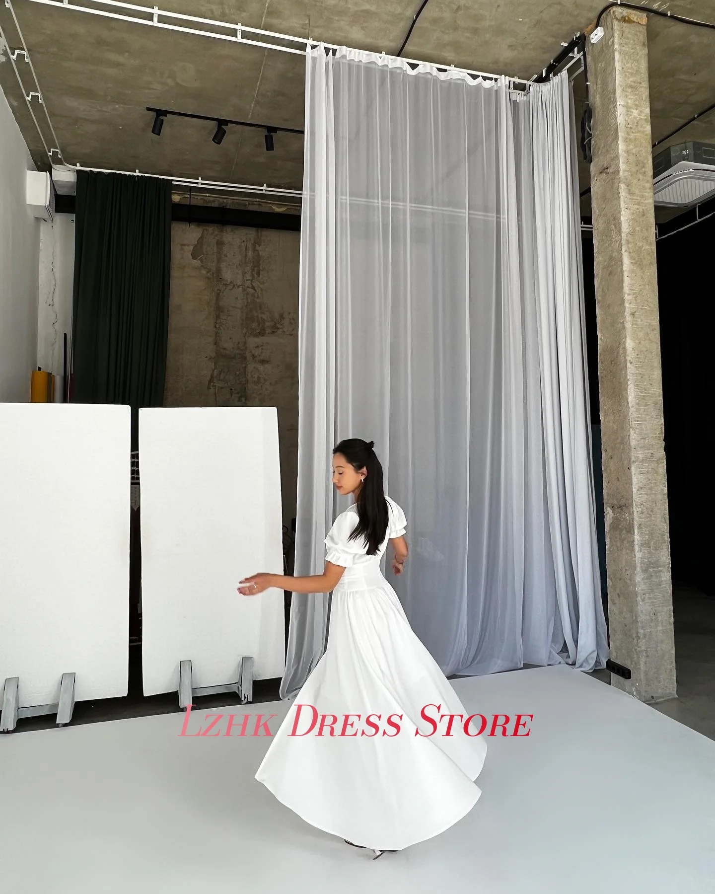 Aangepaste sexy jersey a-lijn knoppen avondjurk delicate korte mouwen v-hals enkellengte فستان • 1897