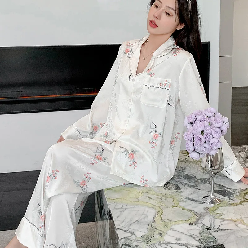 Lange Mouw Pijama Pak Bedrukt Satijnen Nachtkleding Lingerie Losse Casual Huiskleding Dames Pyjama Set