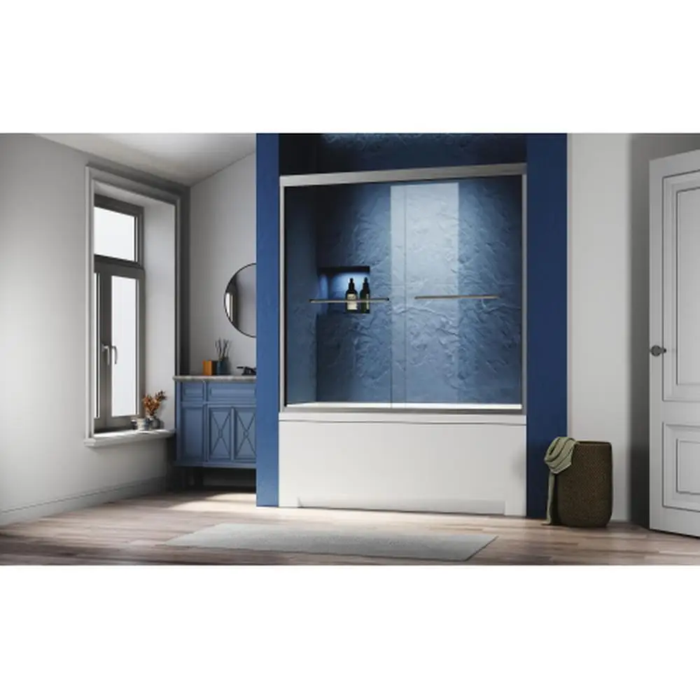 56-60 بوصة. باب حوض استحمام زجاجي منزلق من النيكل المصقول شبه بدون إطار مع مقابض من الزجاج المقسى والفولاذ المقاوم للصدأ