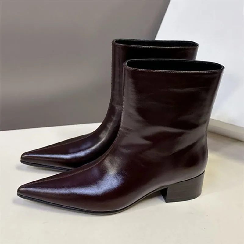 

Новые женские ботильоны на квадратном каблуке, натуральная кожа, винно-красные, черные ботинки, подиумная обувь, женские короткие ботинки с острым носком, женские