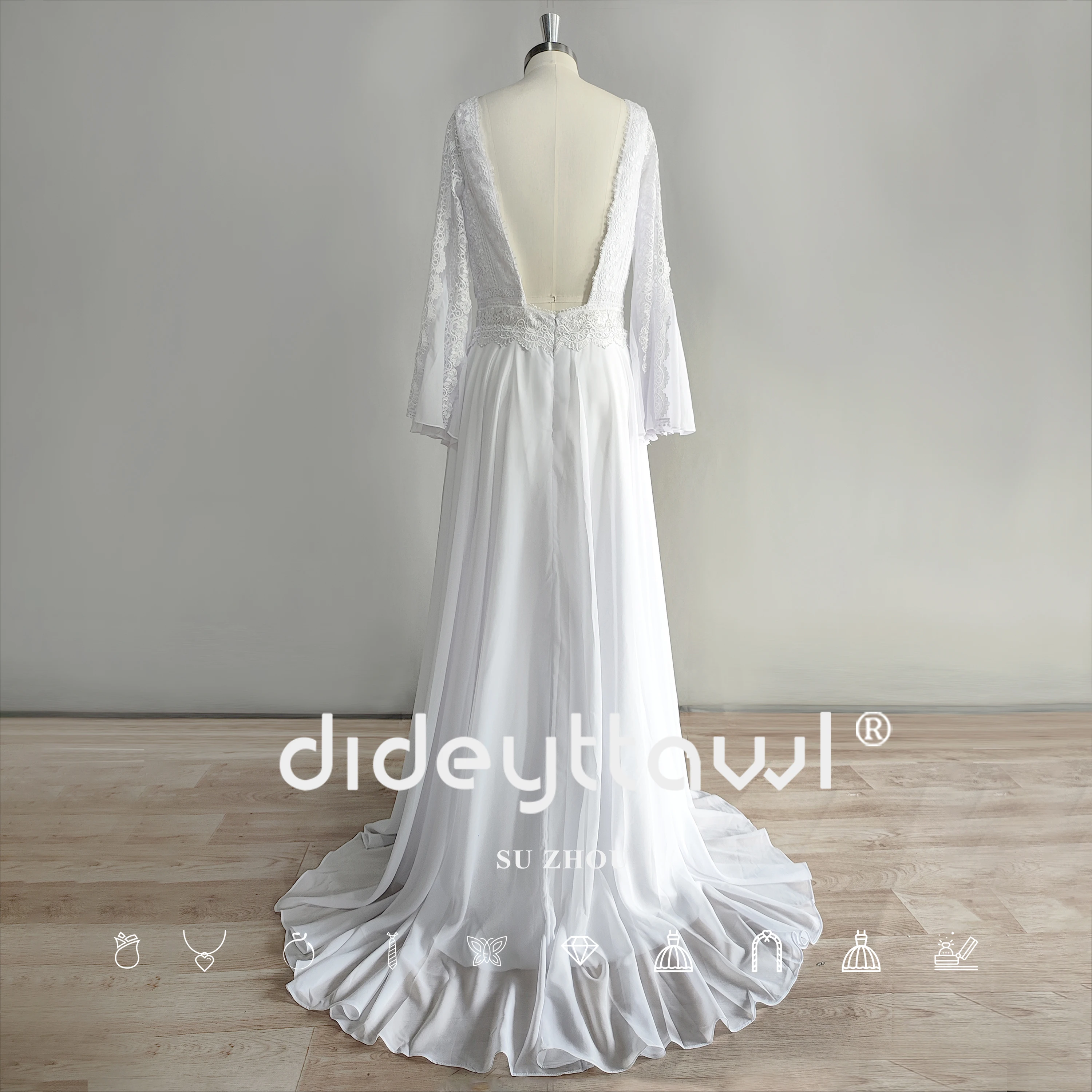 DIDEYTTAWL Real Picture Flare Long Sleeves Chiffon Boho Bridal Gown 2024 A-Line V Neck Backless Wedding Dress For Women