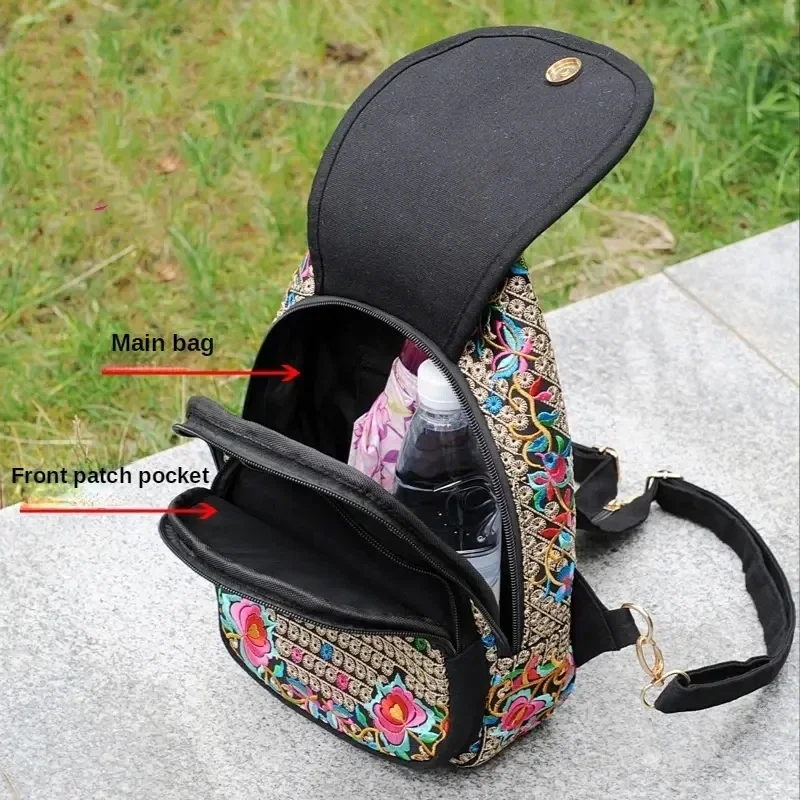 Handmade Embroidered Design Canvas Backpack Women Small Ethnic Rucksack Knapsack Female Travel Multifunction Shoulder Chest Bag