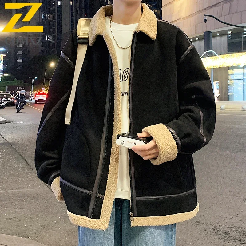 Harajuku Deerskin Fleece Jacket Men's Motorcyclist Thickened Warm Wool Plush Coat 2025 New Winter Korean Trendy Cold-proof Parka