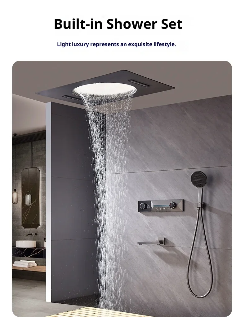 Light Luxury Brass Square Digital Display Thermostatic Wall Shower Set Rain Spray Waterfall Outlet Large Top Spray Intelligent