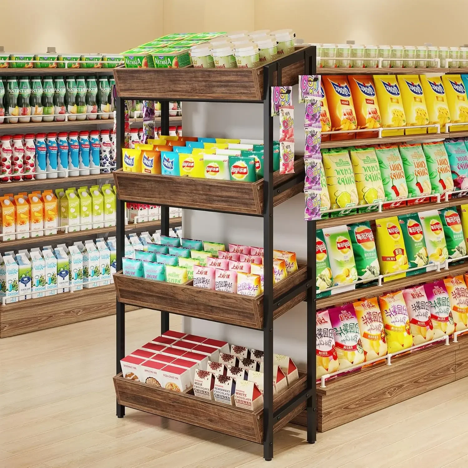 4-Tier Retail Display Rack,Wooden Snack Candy Stand, Concession Potato Chip Display Shelf,Storage Shelving Organizer,Metal Frame