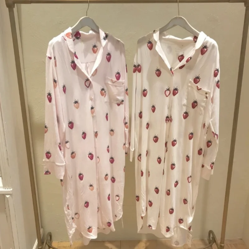 Japanese Autumn Sweet Strawberry Print Women Sleepwear Turn-down Collar Button-up Long Sleeve Nightgown Soft Modal Sleepshirts