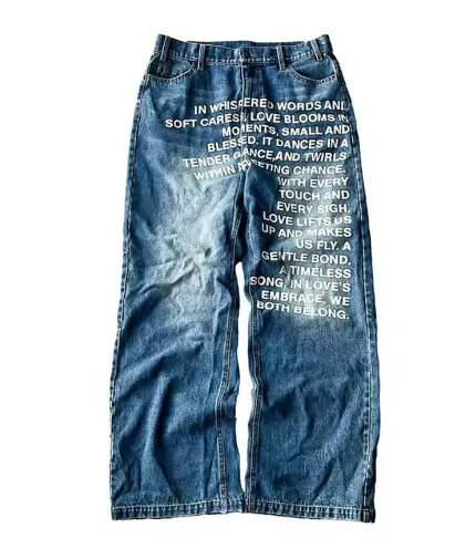 Deeptown Vintage Brief Print Vrouwen Man Jeans Y2k Harajuku Gewassen Wijde Pijpen Amerikaanse Stijl Denim Broek Baggy Hip Hop Streetwear