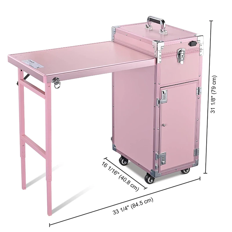 Nail Table Pink Manicure Workstation Folding rolling Portable case