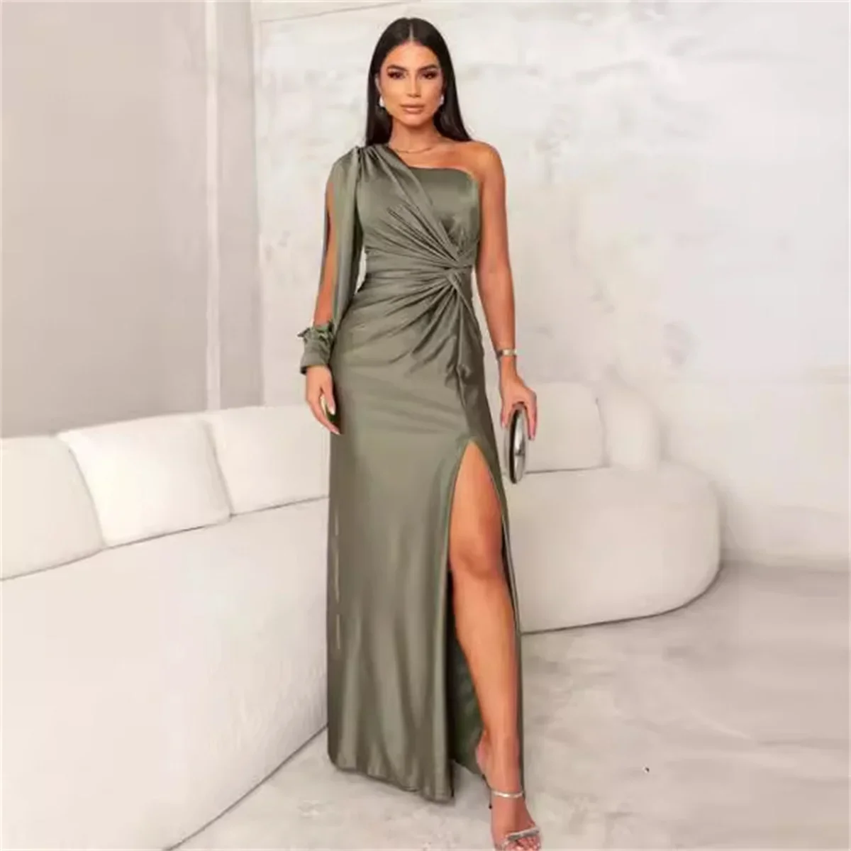 Women Fashion Party Maxi Dress Summer Solid One Shoulder Long Sleeve Cut Out Irregular Pleated Nipped Waist Slit Dresses 2024