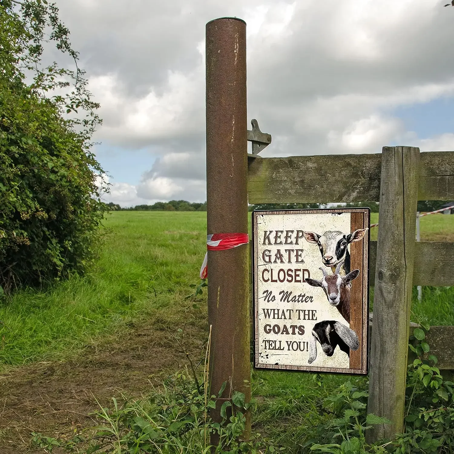 Funny Warning Sign Keep Gate Closed No Matter What The Goats Tell You Vintage Tin Metal Three Cute Goats for Home Farm Gate