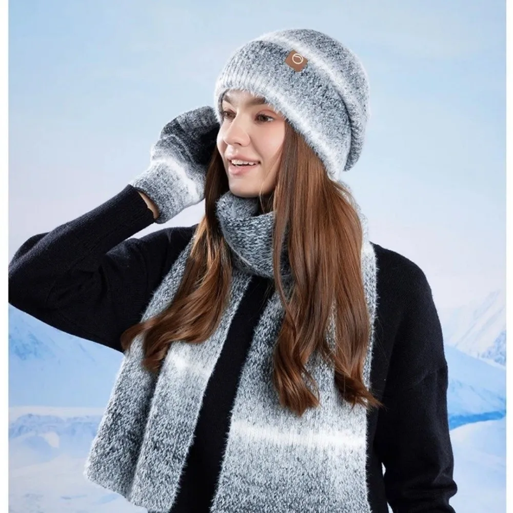 

Уличная зимняя шапка, перчатки, шарф, комплект, вязаные утолщенные женские тюбетейки, ветрозащитные велосипедные шапочки градиентного цвета