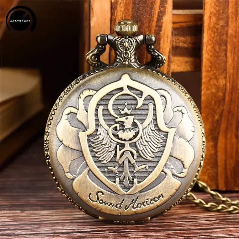 Bronze Polish Eagle Pattern Men Women Quartz Analog Pocket Watch Pendant Necklace Chain Arabic Number Display