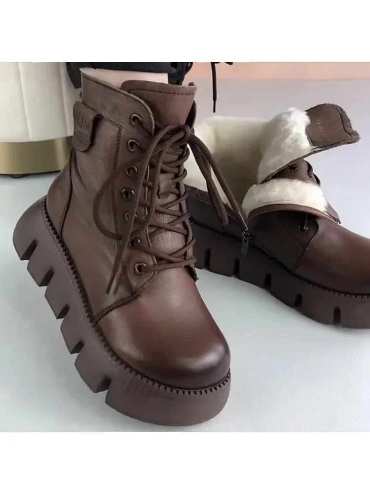 Damskie buty śniegowe 2024 zimowe nowe platformy bawełniane buty Retro czarne/brązowe okrągłe Toe sznurowane zamek błyskawiczny nowoczesne buty motocyklowe — zdjęcie 2