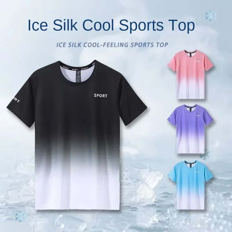 Sports ice silk T-shirt for men and women, quick drying short sleeved running set, summer jersey, fitness clothes, basketball an
