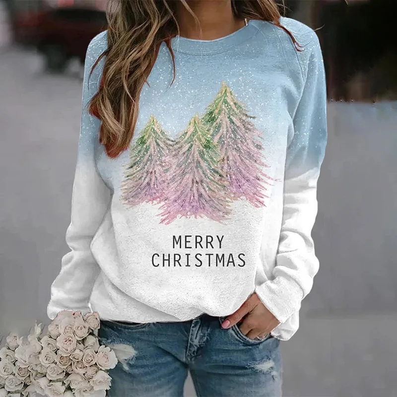 Horse Christmas Tree 3D Print Raglan Sleeve Sweatshirts Women\'s Oversized Pullovers Hoodies Female Streetwear Woman Clothing