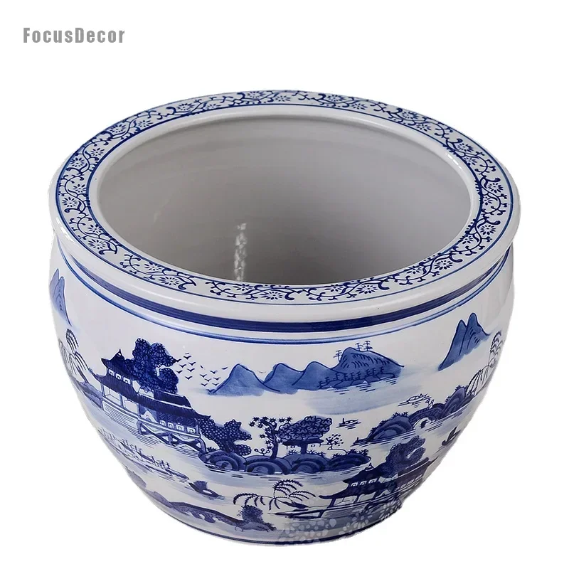 

Blue and White Ceramic Planter Large Mountain Hil Landscape Planter Japanese Chinese Oriental Planter Antique Porcelain Fishbowl