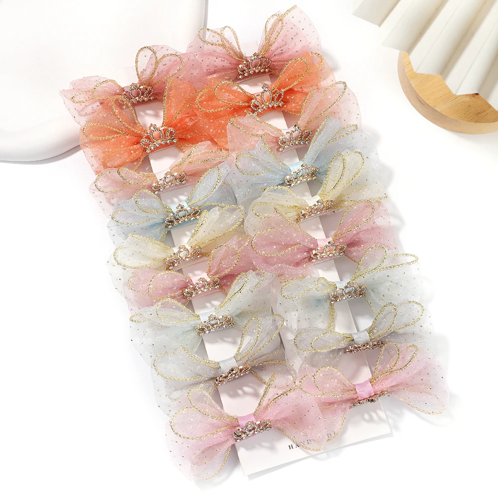 2pcs Girls Hair Clip Lovely Organza Bow Hairpins Kids Barrettes Zircon Crown Hair Ornaments Children Princess Hair Accessories