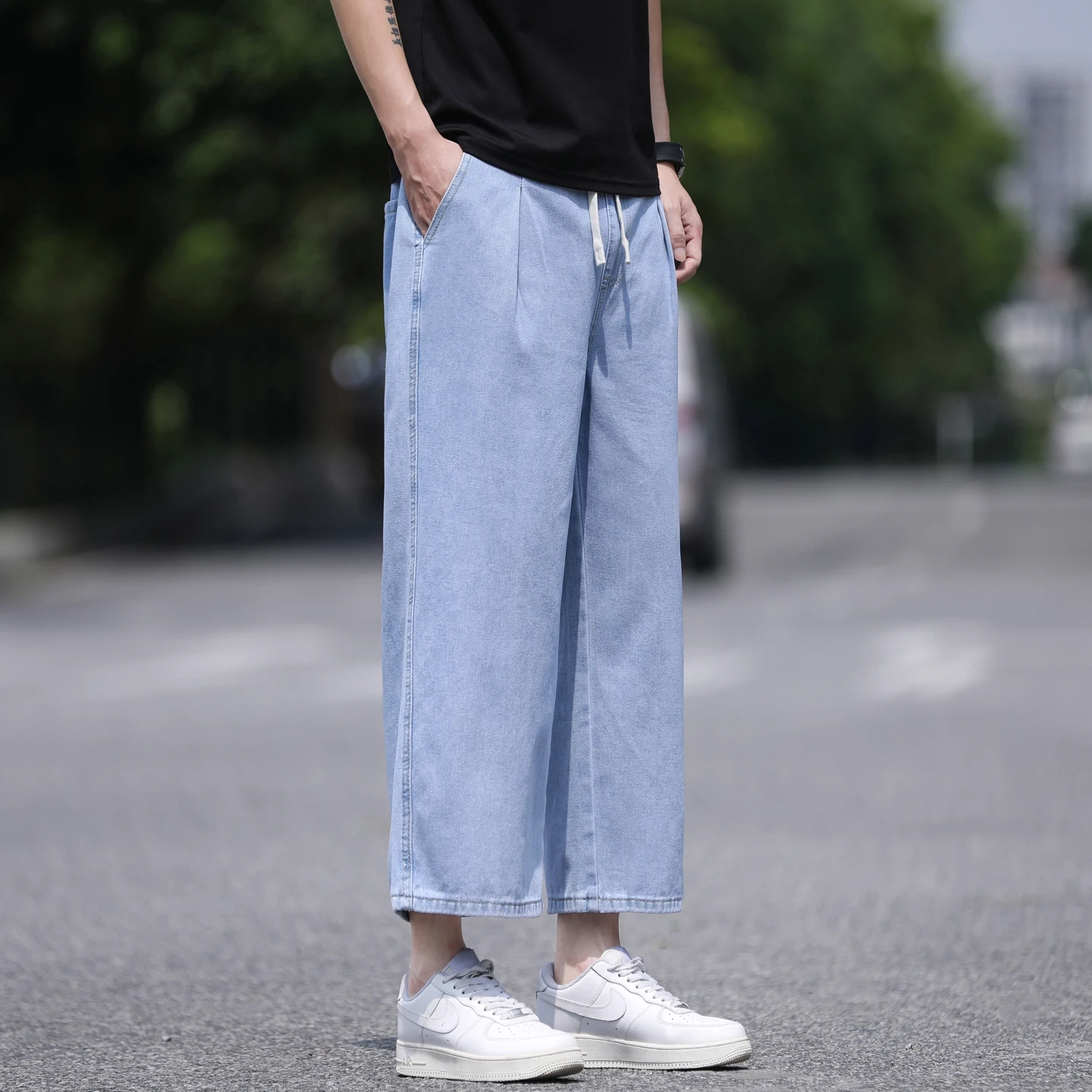Men Autumn Loose Straight Drawstring Elastic Waist Cropped Denim Pants Minimalist High Street Wide Leg Eight Length Jeans
