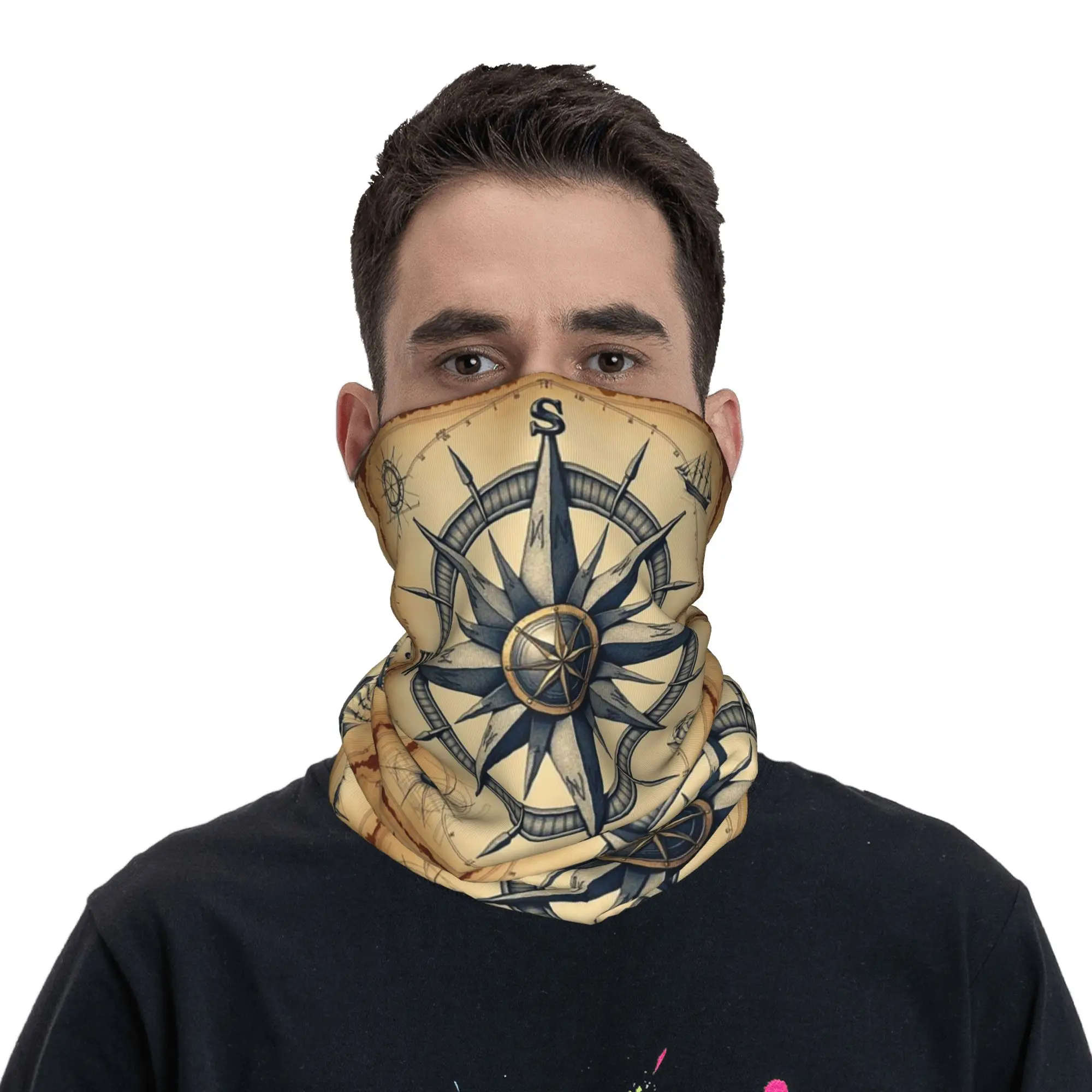 Compass pattern Bandana Neck Gaiter Printed Wrap Scarf Multifunction Headband Hiking Fishing Unisex Adult