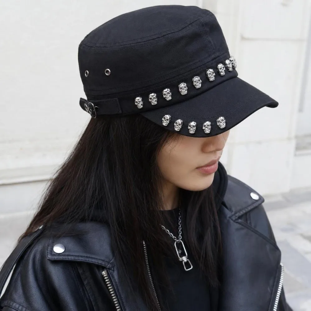 Cotton Material Skull Flat Top Cap Punk Style Breathable Sports Visors Hats Unique Adjustable Dancing Caps Dancing Performance